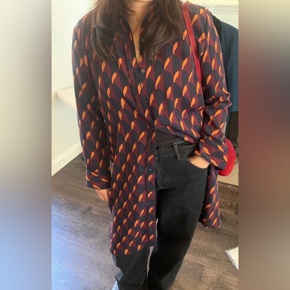 Ann Taylor Maroon, Navy & Orange Patterned Blouse